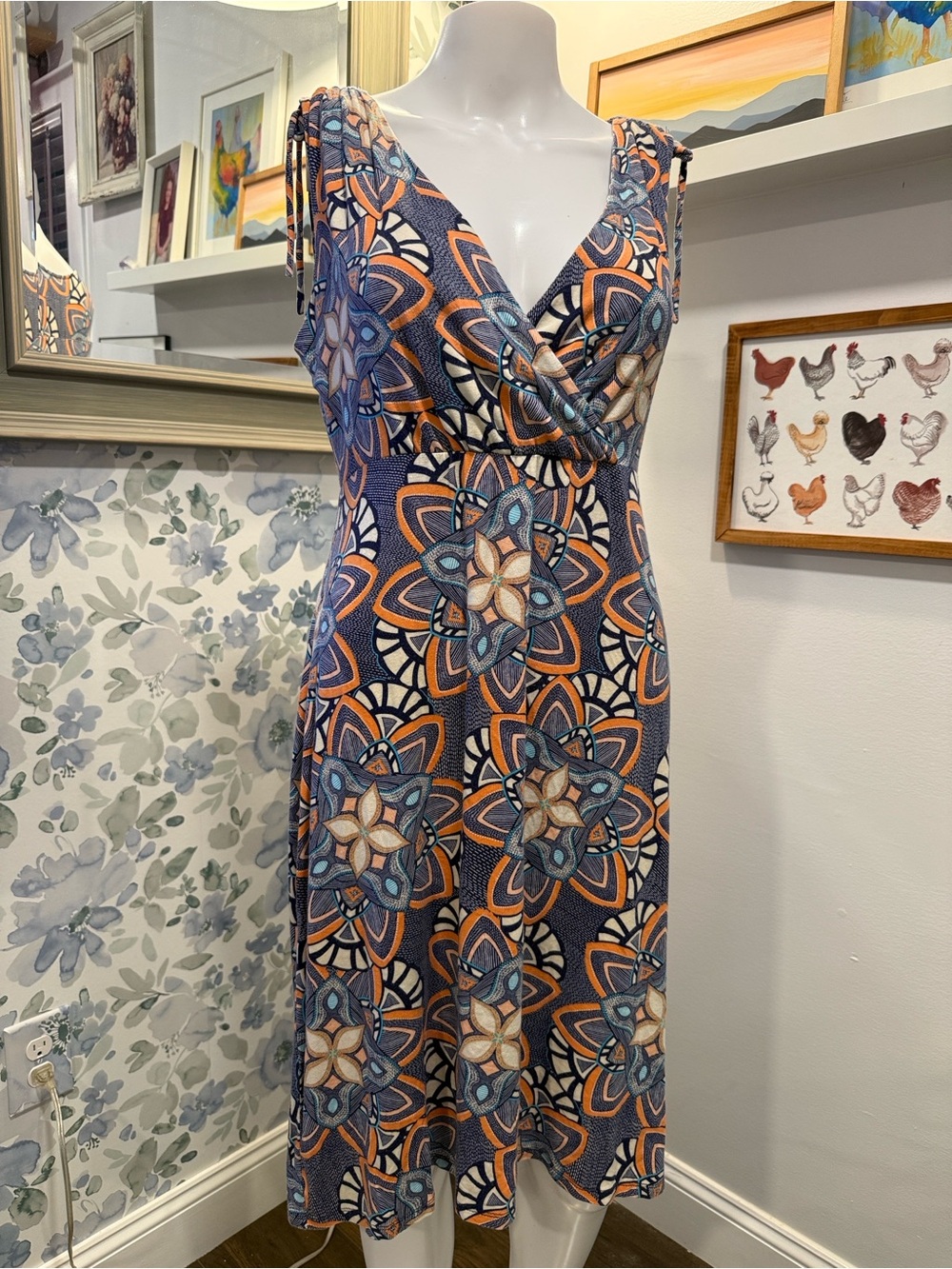 croft & barrow Blue and Orange V-Neck Midi Dress